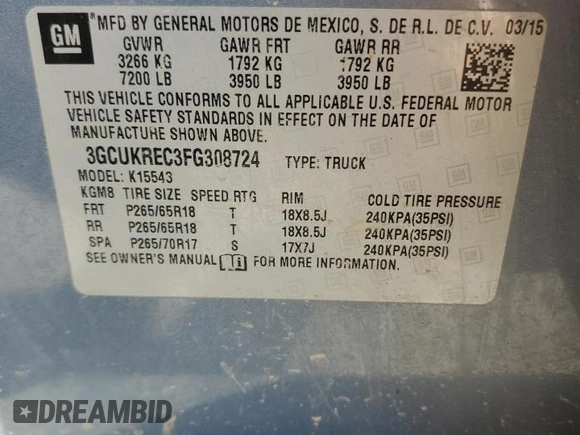 2015 Chevrolet Silverado 1500 LT with VIN 3GCUKREC3FG308724, listed as a Copart auction lot 42314105 with Not Provided miles and Salvage Title. Bid and sale history available at DreamBid. Image 12.