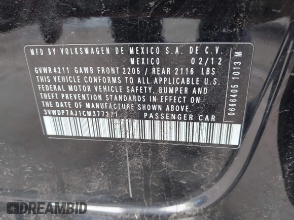 2012 Volkswagen Jetta SE с VIN 3VWDP7AJ1CM377271, выставлен на аукционе IAAI как лот 42083435 с пробегом Не указан миль и . История ставок и продаж доступна на DreamBid. Изображение 9.
