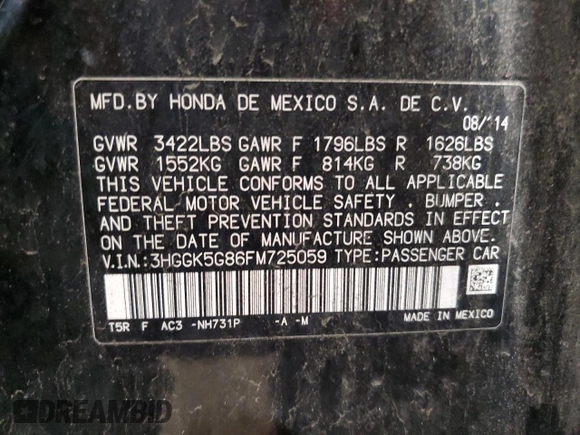 2015 Honda Fit EX with VIN 3HGGK5G86FM725059, listed as a Copart auction lot 55472275 with 63,096 mi miles and Salvage title. Bid and sale history available at DreamBid. Image 12.