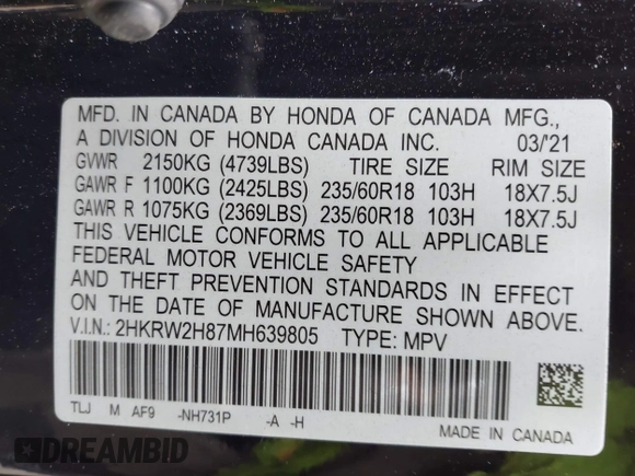 2021 Honda CR-V EX-L with VIN 2HKRW2H87MH639805, listed as a IAAI auction lot 41699013 with 73,304 mi miles. Bid and sale history available at carsss.com. Image 9.