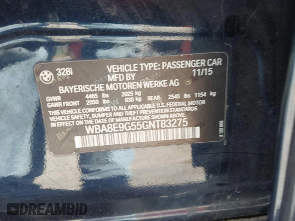 2016 BMW 3 Series 328i with VIN WBA8E9G55GNT83275, listed as a IAAI auction lot 42056215 with 102,904 mi miles and . Bid and sale history available at DreamBid. Image 9.