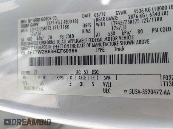 2019 Ford F-250 XL с VIN 1FT7W2B63KEF60966, выставлен на аукционе IAAI как лот 42731380 с пробегом 214 421 миль миль и . История ставок и продаж доступна на DreamBid. Изображение 8.
