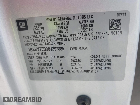 2011 GMC Acadia Denali with VIN 1GKKVTED3BJ297385, listed as a IAAI auction lot 41990548 with 204,333 mi miles. Bid and sale history available at carsss.com. Image 9.