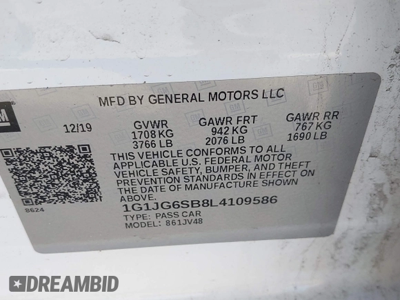 2020 Chevrolet Sonic LT with VIN 1G1JG6SB8L4109586, listed as a IAAI auction lot 41789746 with 104,200 mi miles and . Bid and sale history available at DreamBid. Image 9.