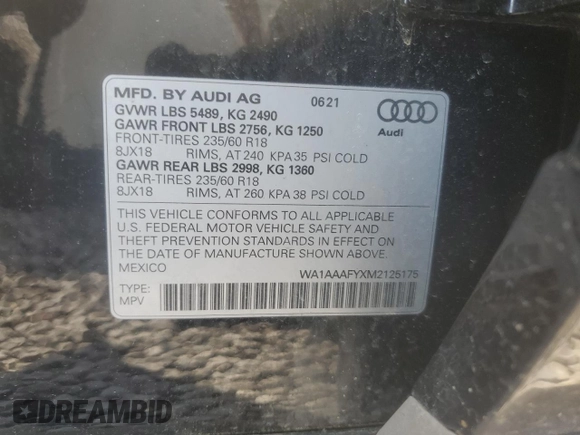 2021 Audi Q5 Premium с VIN WA1AAAFYXM2125175, выставлен на аукционе Copart как лот 43533155 с пробегом 46 017 миль миль и Списание • Salvage title. История ставок и продаж доступна на DreamBid. Изображение 12.