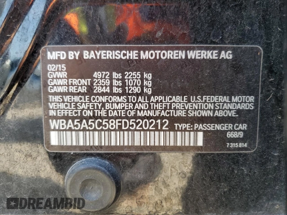 2015 BMW 5 Series 528i with VIN WBA5A5C58FD520212, listed as a Copart auction lot 55643525 with 156,948 mi miles and Salvage title. Bid and sale history available at DreamBid. Image 12.