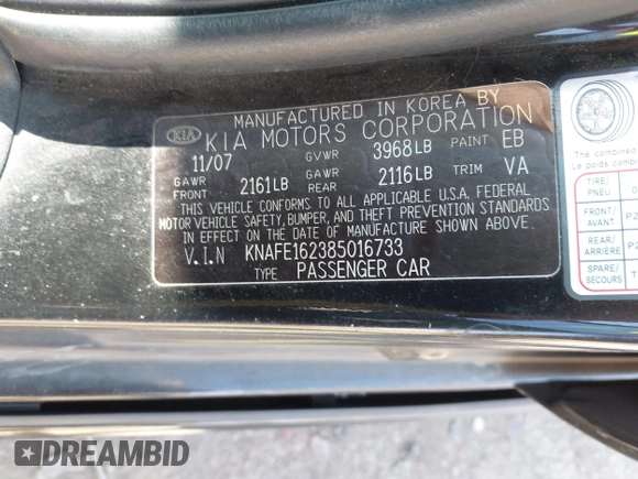 2008 Kia Spectra with VIN KNAFE162385016733, listed as a IAAI auction lot 41924912 with 159,856 mi miles. Bid and sale history available at carsss.com. Image 9.