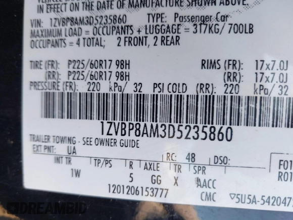 2013 Ford Mustang V6 with VIN 1ZVBP8AM3D5235860, listed as a IAAI auction lot 41778077 with 163,671 mi miles and . Bid and sale history available at DreamBid. Image 9.