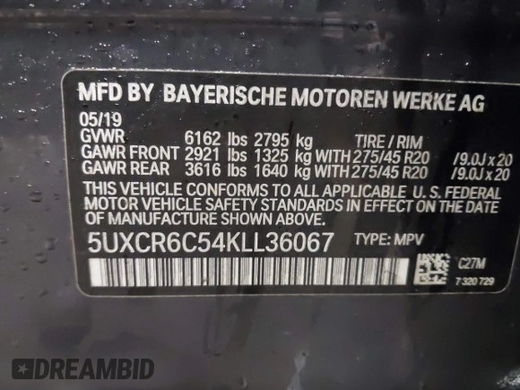 2019 BMW X5 xDrive40i with VIN 5UXCR6C54KLL36067, listed as a IAAI auction lot 41834002 with 54,200 mi miles. Bid and sale history available at carsss.com. Image 9.
