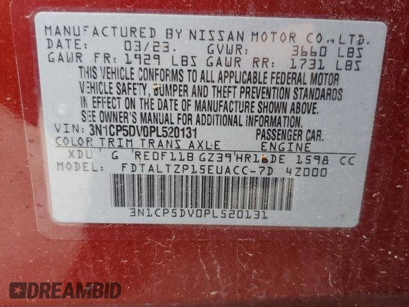 2023 Nissan Kicks SR with VIN 3N1CP5DV0PL520131, listed as a Copart auction lot 80838834 with Not Provided miles and Salvage Title. Bid and sale history available at DreamBid. Image 13.