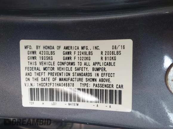 2017 Honda Accord Sedan LX with VIN 1HGCR2F31HA046878, listed as a IAAI auction lot 41927504 with 153,793 mi miles. Bid and sale history available at carsss.com. Image 9.