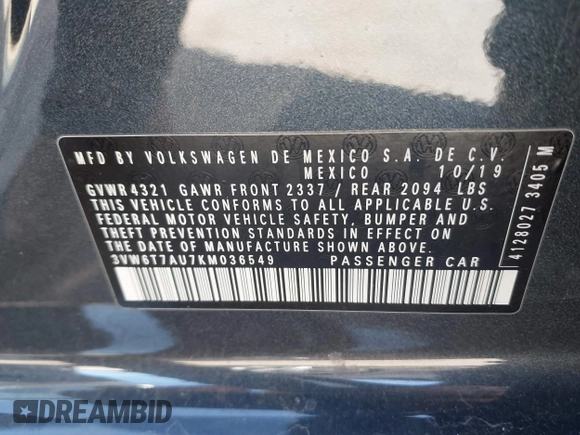 2019 Volkswagen GTI S z VIN 3VW6T7AU7KM036549, wystawiony jako IAAI lot #41728204 z przebiegiem 70 213 mil mil oraz . Historia ofert i sprzedaży dostępna na DreamBid. Obrazek 9.