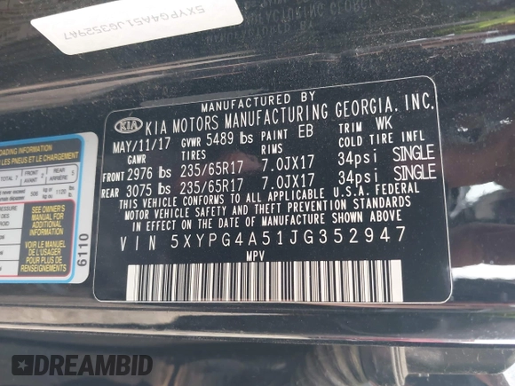 2018 Kia Sorento LX with VIN 5XYPG4A51JG352947, listed as a IAAI auction lot 42201063 with 111,431 mi miles and . Bid and sale history available at DreamBid. Image 9.