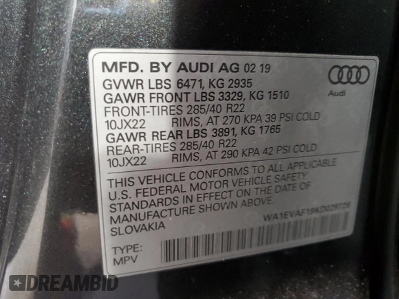 2019 Audi Q8 Premium Plus with VIN WA1EVAF19KD029726, listed as a Copart auction lot 78515944 with 0 mi miles and Salvage Title. Bid and sale history available at carsss.com. Image 13.