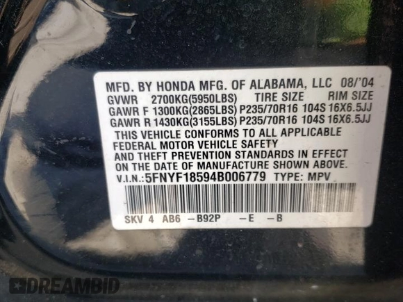 2004 Honda Pilot EX with VIN 5FNYF18594B006779, listed as a Copart auction lot 50913845 with 335,417 mi miles and Salvage Title. Bid and sale history available at DreamBid. Image 15.