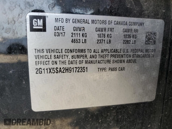 2017 Chevrolet Impala LS with VIN 2G11X5SA2H9172351, listed as a Copart auction lot 50820835 with 175,194 mi miles and Salvage title. Bid and sale history available at DreamBid. Image 14.
