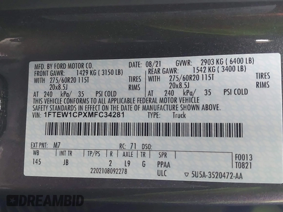 2021 Ford F-150 XL with VIN 1FTEW1CPXMFC34281, listed as a IAAI auction lot 41765916 with 115,370 mi miles. Bid and sale history available at carsss.com. Image 9.