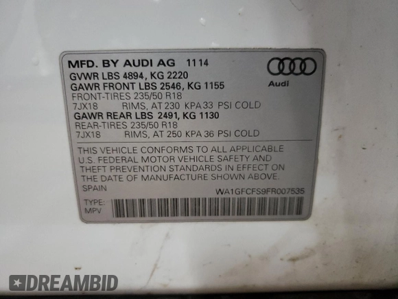 2015 Audi Q3 Prestige with VIN WA1GFCFS9FR007535, listed as a Copart auction lot 52311665 with 137,653 mi miles and Clean title. Bid and sale history available at DreamBid. Image 13.