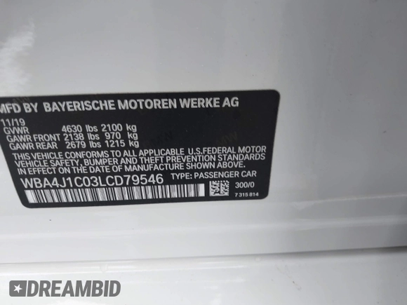 2020 BMW 4 Series 430i with VIN WBA4J1C03LCD79546, listed as a IAAI auction lot 41500883 with 33,729 mi miles and . Bid and sale history available at DreamBid. Image 9.