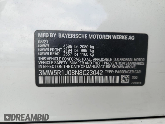 2022 BMW 3 Series 330i with VIN 3MW5R1J08N8C23042, listed as a Copart auction lot 56992485 with 43,693 mi miles and Salvage title. Bid and sale history available at DreamBid. Image 12.