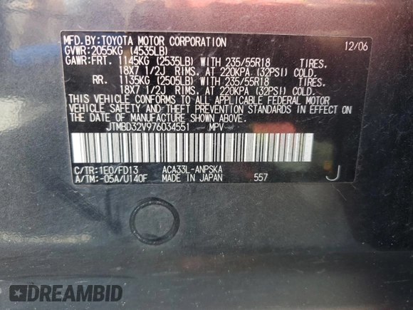 2007 Toyota RAV4 Sport with VIN JTMBD32V976034551, listed as a Copart auction lot 45793125 with 159,980 mi miles and Salvage Title. Bid and sale history available at carsss.com. Image 13.