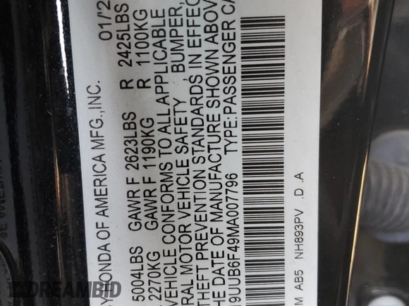 2021 Acura TLX w/Technology Package with VIN 19UUB6F49MA007796, listed as a Copart auction lot 43033105 with 70,829 mi miles and Salvage Title. Bid and sale history available at carsss.com. Image 13.