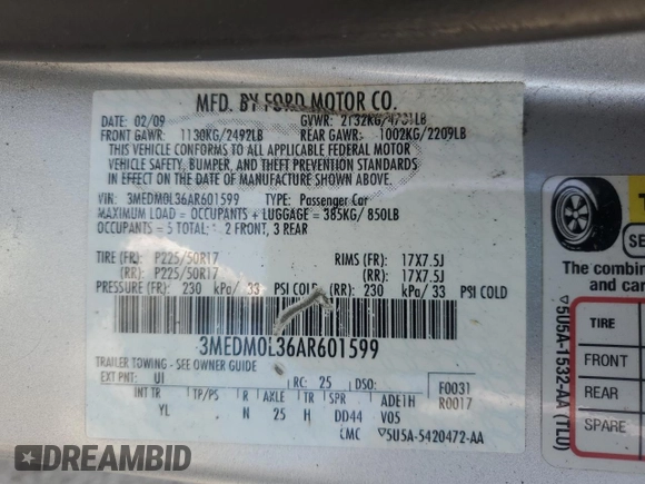 2010 Mercury Milan Hybrid with VIN 3MEDM0L36AR601599, listed as a Copart auction lot 57247965 with 163,324 mi miles and Clean title. Bid and sale history available at DreamBid. Image 12.