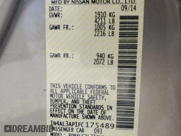 2015 Nissan Altima 2.5 SL with VIN 1N4AL3AP1FC175489, listed as a Copart auction lot 53205295 with 140,079 mi miles and Salvage Title. Bid and sale history available at carsss.com. Image 12.