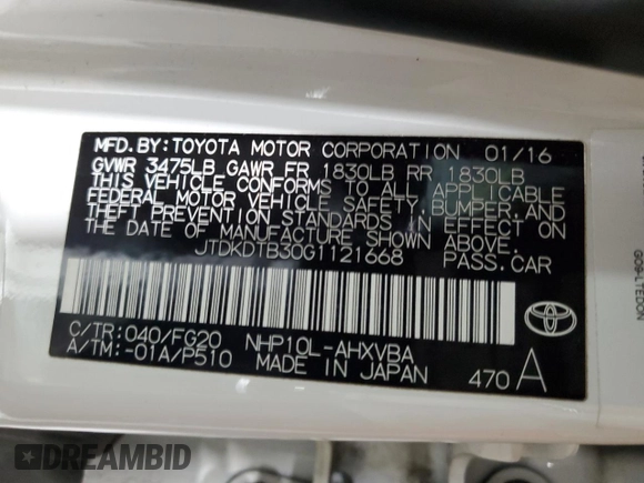 2016 Toyota Prius One with VIN JTDKDTB30G1121668, listed as a Copart auction lot 52917085 with 79,910 mi miles and Clean Title. Bid and sale history available at DreamBid. Image 12.