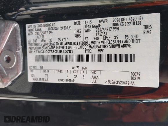 2016 Ford Escape SE z VIN 1FMCU0G73GUB60781, wystawiony jako IAAI lot #42149783 z przebiegiem 135 015 mil mil oraz . Historia ofert i sprzedaży dostępna na DreamBid. Obrazek 9.