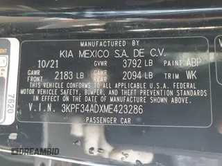2021 Kia Forte GT-Line z VIN 3KPF34ADXME423286, wystawiony jako Copart lot #55915145 z przebiegiem 117 891 mil mil oraz Czysty tytuł • Clean title. Historia ofert i sprzedaży dostępna na DreamBid. Obrazek 13.