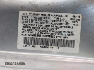 2015 Honda Odyssey EX-L with VIN 5FNRL5H61FB010289, listed as a IAAI auction lot 41887660 with 177,172 mi miles and . Bid and sale history available at carsss.com. Image 9.