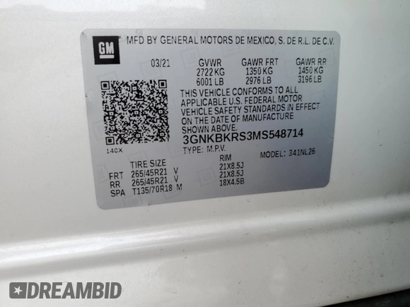 2021 Chevrolet Blazer RS with VIN 3GNKBKRS3MS548714, listed as a Copart auction lot 55111335 with 49,938 mi miles and Salvage title. Bid and sale history available at DreamBid. Image 13.