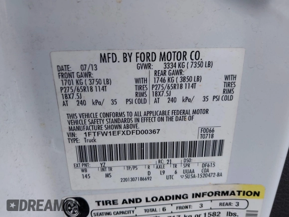 2013 Ford F-150 XL with VIN 1FTFW1EFXDFD00367, listed as a IAAI auction lot 41791175 with 165,150 mi miles and . Bid and sale history available at DreamBid. Image 9.