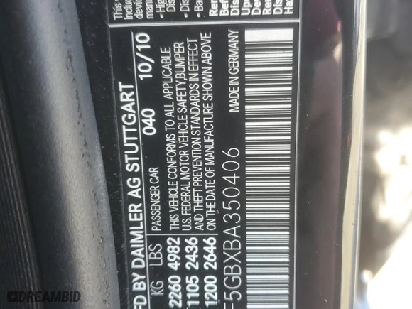 2011 Mercedes-Benz E-Class E 350 Luxury with VIN WDDHF5GBXBA350406, listed as a Copart auction lot 45283425 with 270,013 mi miles and Salvage Title. Bid and sale history available at carsss.com. Image 12.