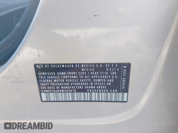 2013 Volkswagen Jetta TDI w/Premium с VIN 3VWLL7AJ0DM284816, выставлен на аукционе IAAI как лот 41869001 с пробегом 154 698 миль миль и . История ставок и продаж доступна на DreamBid. Изображение 9.