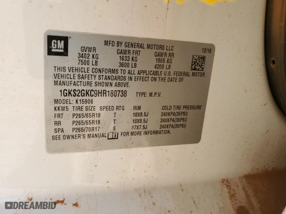 2017 GMC Yukon XL SLT with VIN 1GKS2GKC9HR180738, listed as a Copart auction lot 46830145 with 118,931 mi miles and Salvage Title. Bid and sale history available at carsss.com. Image 13.