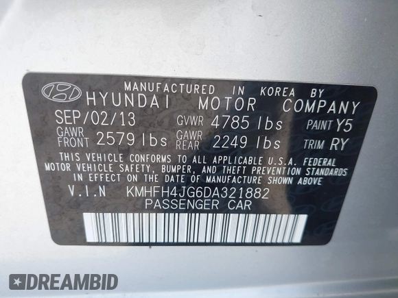 2013 Hyundai Azera with VIN KMHFH4JG6DA321882, listed as a IAAI auction lot 42351891 with 59,690 mi miles and . Bid and sale history available at DreamBid. Image 9.