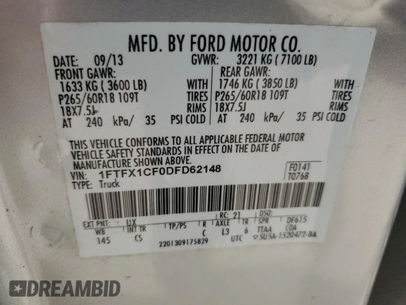 2013 Ford F-150 XL with VIN 1FTFX1CF0DFD62148, listed as a Copart auction lot 48986985 with 0 mi miles and Salvage Title. Bid and sale history available at carsss.com. Image 13.
