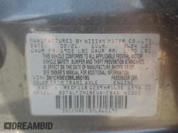 2021 Nissan Versa SV with VIN 3N1CN8EV3ML860195, listed as a Copart auction lot 60738275 with 85,148 mi miles and Clean title. Bid and sale history available at DreamBid. Image 12.