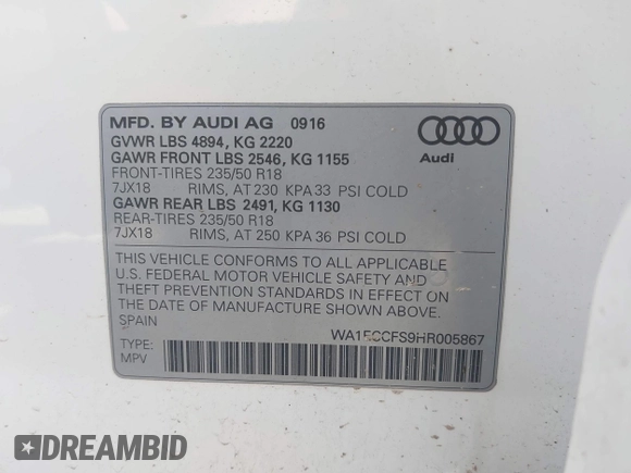 2017 Audi Q3 Premium with VIN WA1ECCFS9HR005867, listed as a IAAI auction lot 42144051 with 87,552 mi miles and . Bid and sale history available at DreamBid. Image 9.