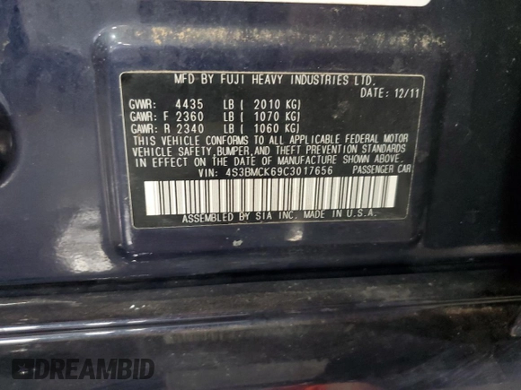 2012 Subaru Legacy Limited with VIN 4S3BMCK69C3017656, listed as a Copart auction lot 56147285 with 99,631 mi miles and Salvage title. Bid and sale history available at DreamBid. Image 12.
