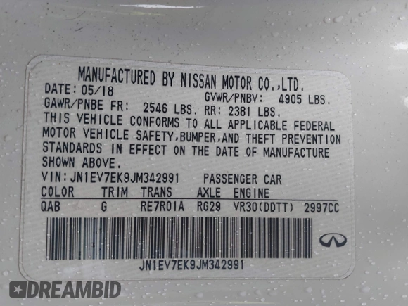 2018 Infiniti Q60 Sport with VIN JN1EV7EK9JM342991, listed as a IAAI auction lot 42485514 with 61,507 mi miles and . Bid and sale history available at DreamBid. Image 9.