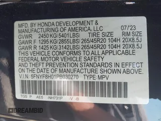 2023 Honda Passport Elite with VIN 5FNYF8H01PB030270, listed as a IAAI auction lot 42667744 with 7,931 mi miles and . Bid and sale history available at DreamBid. Image 9.