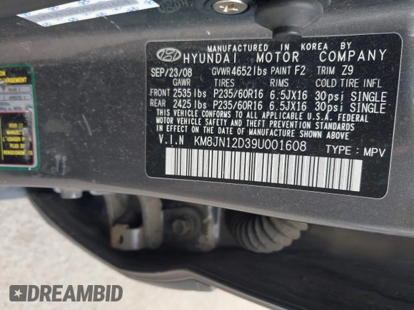 2009 Hyundai Tucson Limited with VIN KM8JN12D39U001608, listed as a IAAI auction lot 42132678 with 182,337 mi miles. Bid and sale history available at carsss.com. Image 9.