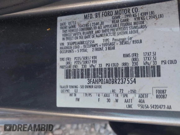2011 Ford Fusion SEL with VIN 3FAHP0JA0BR237554, listed as a IAAI auction lot 42163072 with 230,814 mi miles and . Bid and sale history available at carsss.com. Image 9.