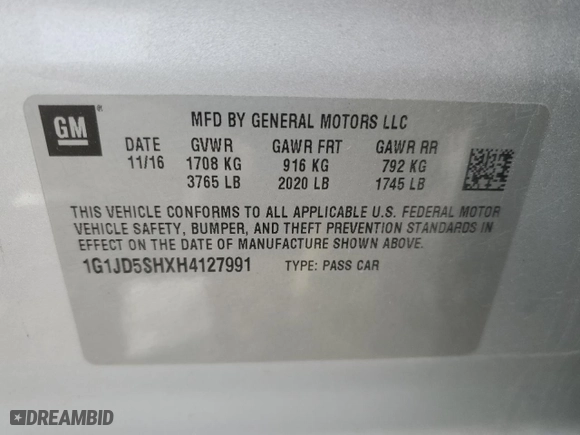 2017 Chevrolet Sonic LT with VIN 1G1JD5SHXH4127991, listed as a Copart auction lot 47087085 with 116,918 mi miles and Salvage Title. Bid and sale history available at carsss.com. Image 12.