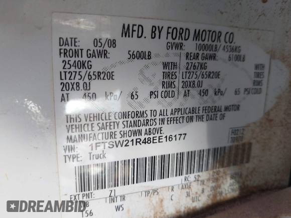 2008 Ford F-250 XL with VIN 1FTSW21R48EE16177, listed as a IAAI auction lot 42464222 with 184,640 mi miles and . Bid and sale history available at DreamBid. Image 9.