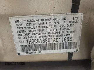 2001 Honda Accord EX с VIN 1HGCG16501A011904, выставлен на аукционе IAAI как лот 42326975 с пробегом 128 808 миль миль и . История ставок и продаж доступна на DreamBid. Изображение 9.