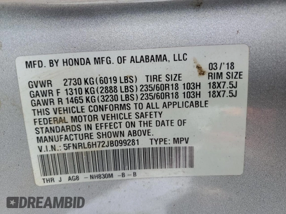 2018 Honda Odyssey EX-L z VIN 5FNRL6H72JB099281, wystawiony jako Copart lot #53515425 z przebiegiem 137 493 mil mil oraz Szkoda całkowita • Salvage title. Historia ofert i sprzedaży dostępna na DreamBid. Obrazek 13.